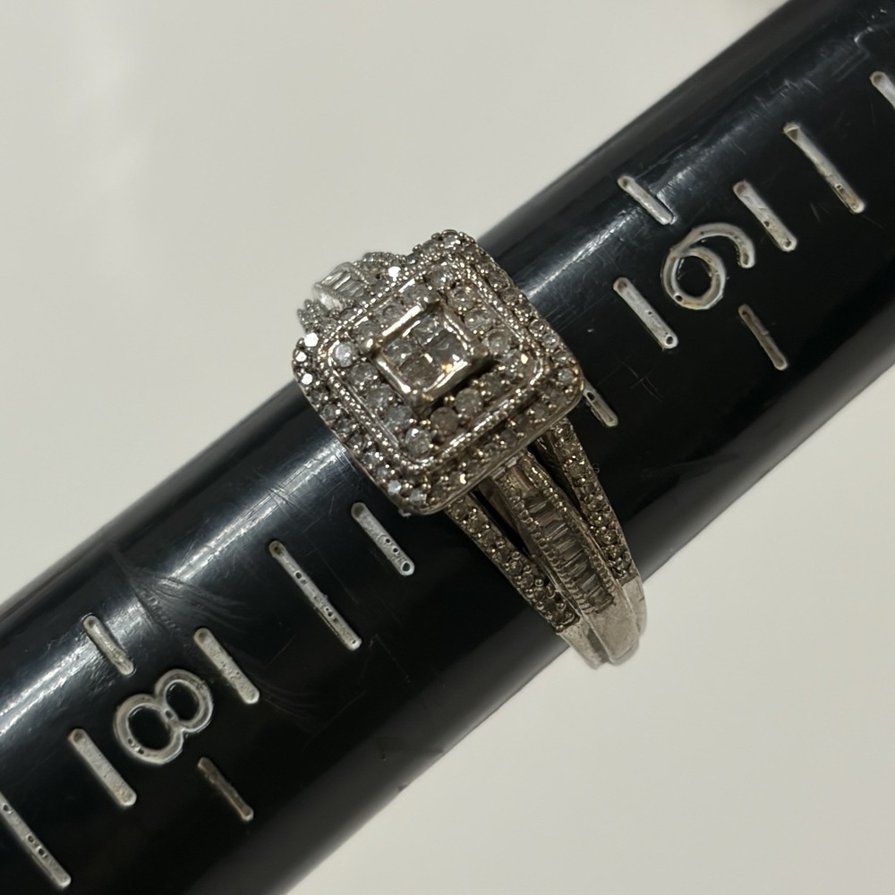 Sterling Silver Engagement Ring 925 Mixed Shape Diamonds HALO Style Sz 6.75